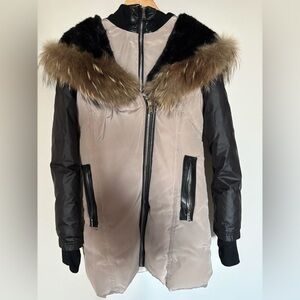 Women's Black and Brown Fur-Trimmed Jacket